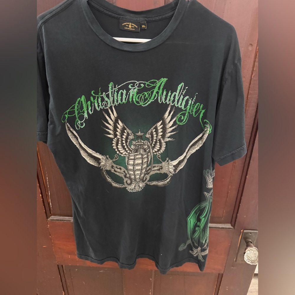 Christian Audigier Black and Green Graphic Tee